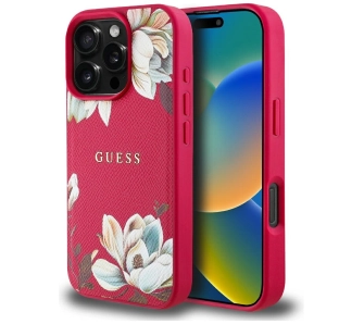 Etui Guess Grained Printed Flower Pattern MagSafe do iPhone 16 Pro Fuksja