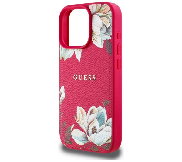 Guess Grained Printed Flower Pattern MagSafe do iPhone 16 Pro Fuksja