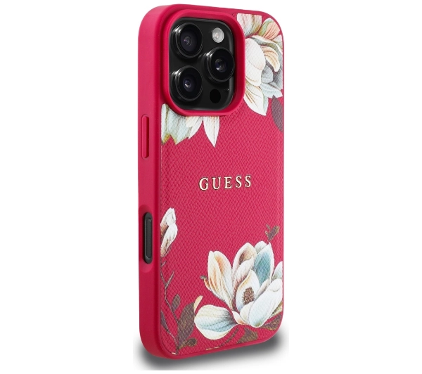 Guess Grained Printed Flower Pattern MagSafe do iPhone 16 Pro Fuksja