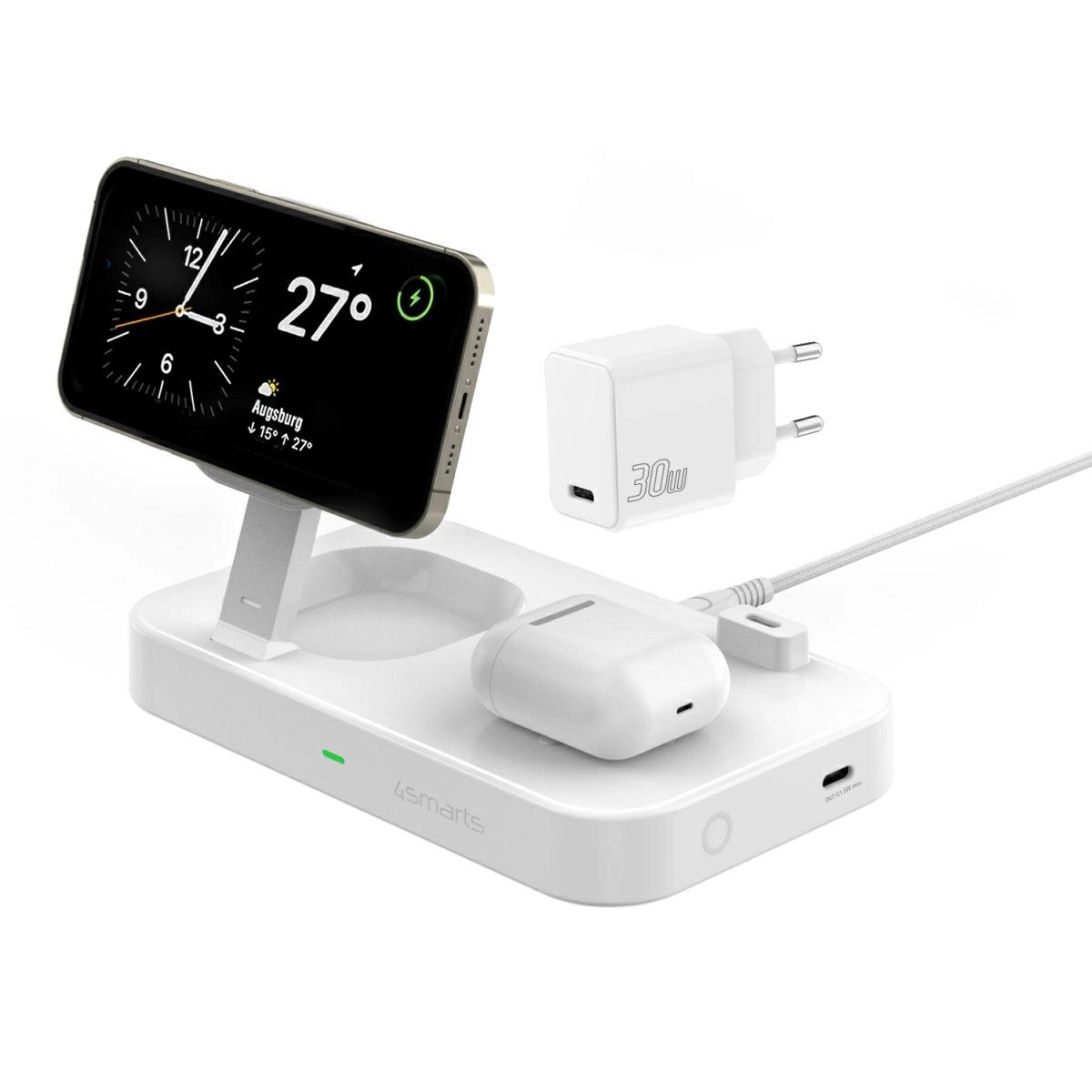 Ładowarka indukcyjna 4smarts QI2 Trident 2w1 + USB-C + ładowarka sieciowa 30W Biały