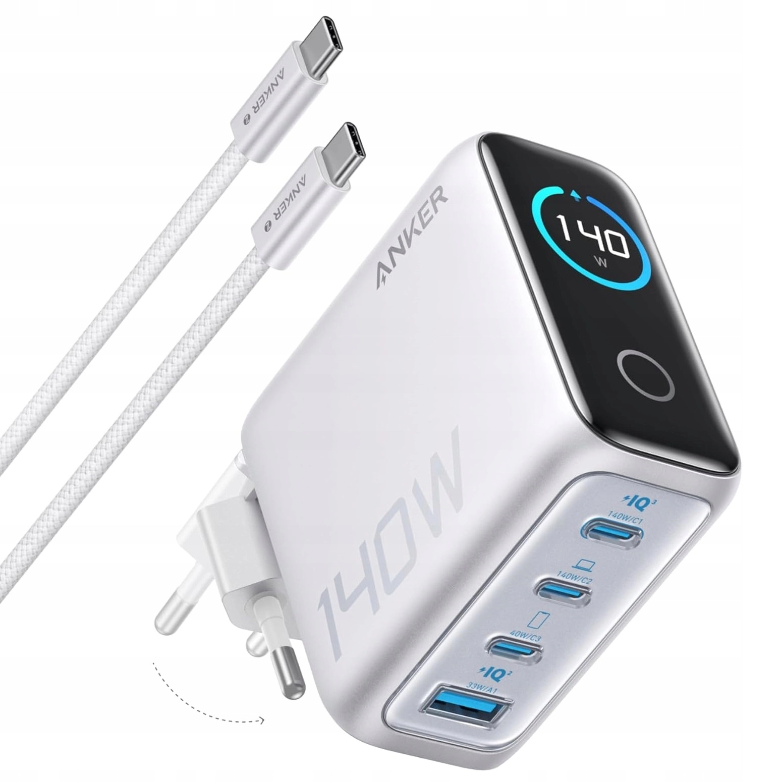 Ładowarka sieciowa Anker B2697G41 3xUSB-C USB 140W Srebrny + kabel USB-C do USB-C