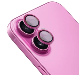 Szkło hartowane Bizon na aparat z aplikatorem Snap Lens do iPhone 16/16 Plus różowa ramka