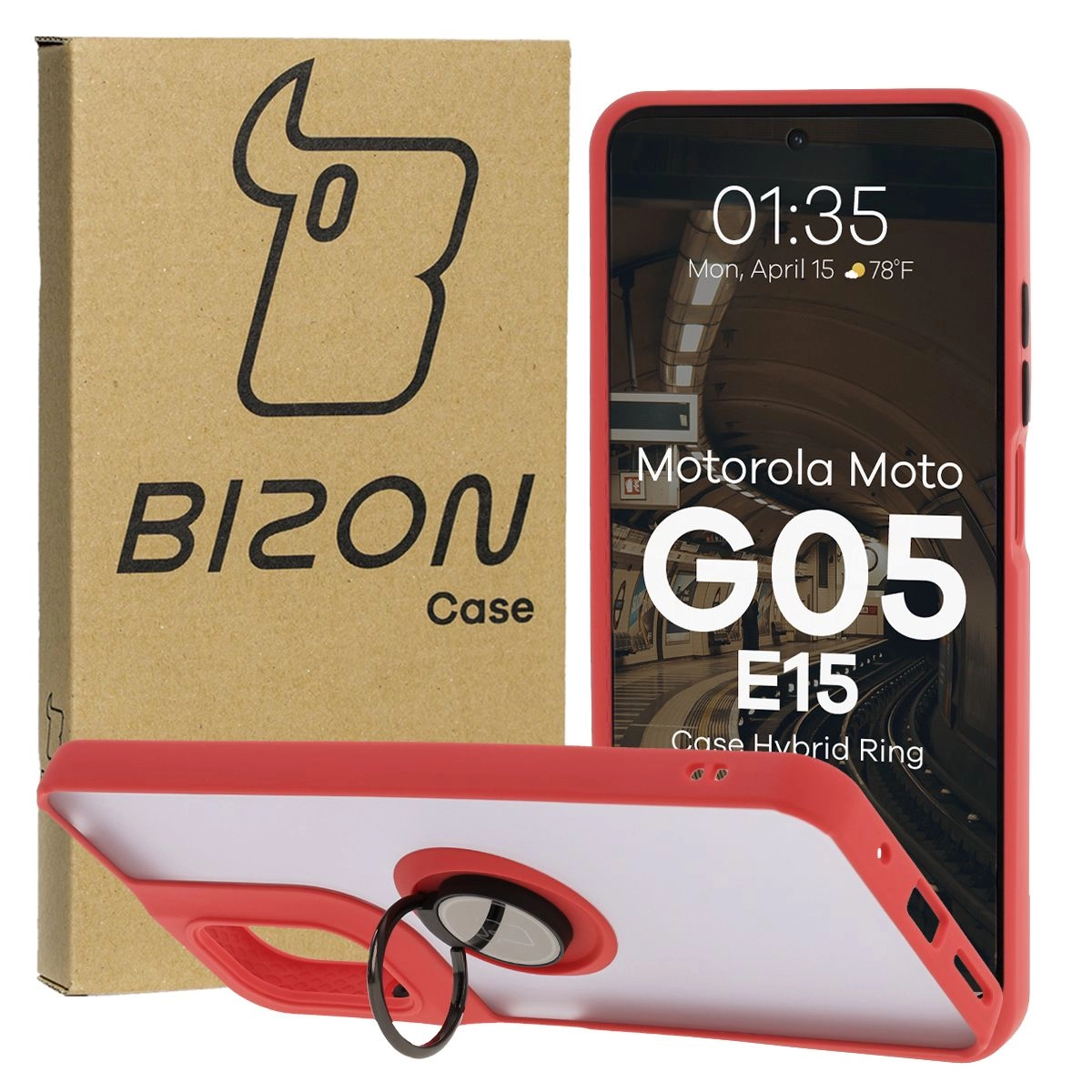 Etui Bizon z uchwytem na palec Hybrid Ring do Motorola Moto G05/E15 przydymione z Czerwoną ramką