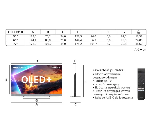 Philips 77OLED910/12 77" OLED 4K 144Hz Google TV Funkcje AI Ambilight Dolby Vision Dolby Atmos Dźwięk B&W HDMI 2.1 - Kup na Raty - RRSO 0%