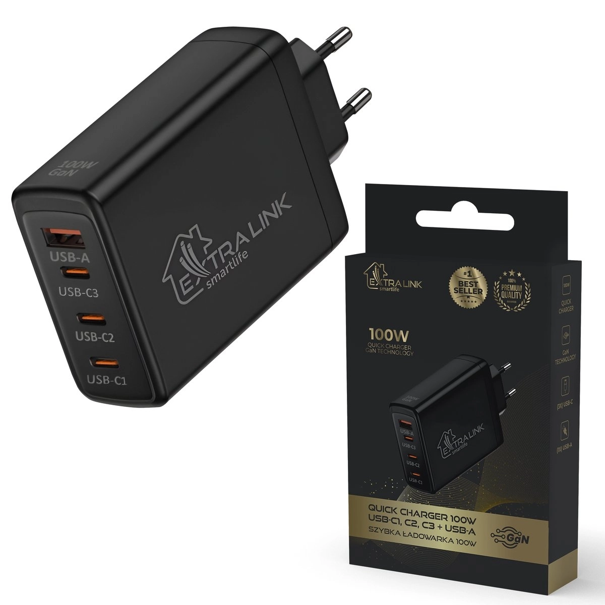 Ładowarka sieciowa Extralink Fast Charger 3x USB-C USB-A 100W Czarny