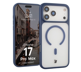 Etui Bizon MatteO z MagSafe do Apple iPhone 17 Pro Max Półprzezroczyste z niebieską ramką