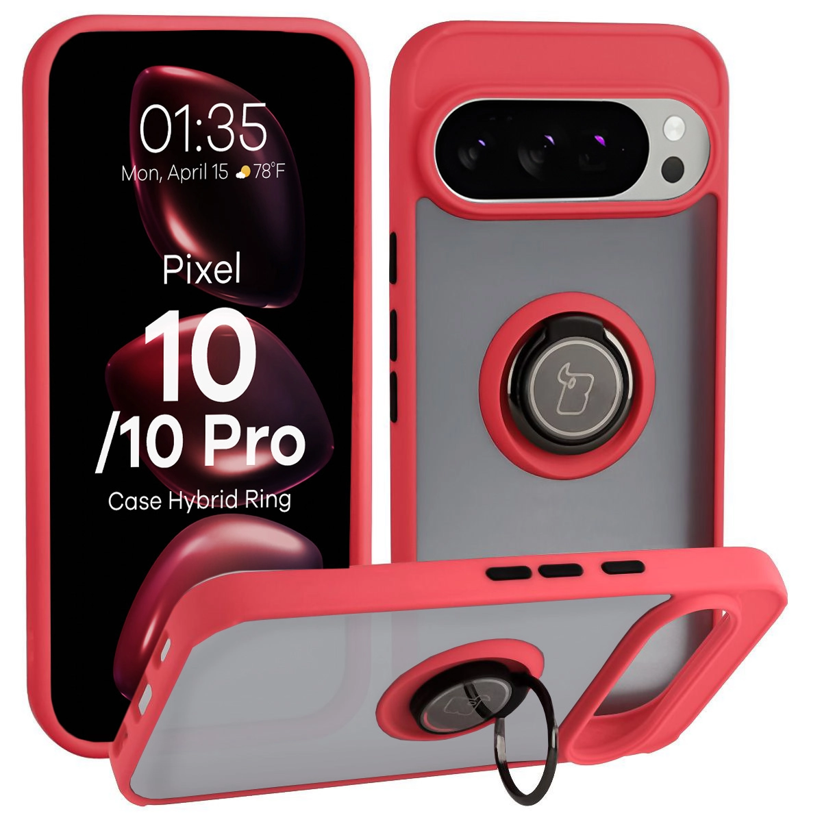Etui Bizon z uchwytem na palec Hybrid Ring do Google Pixel 10 / Google Pixel 10 Pro Przydymione z Czerwoną ramką