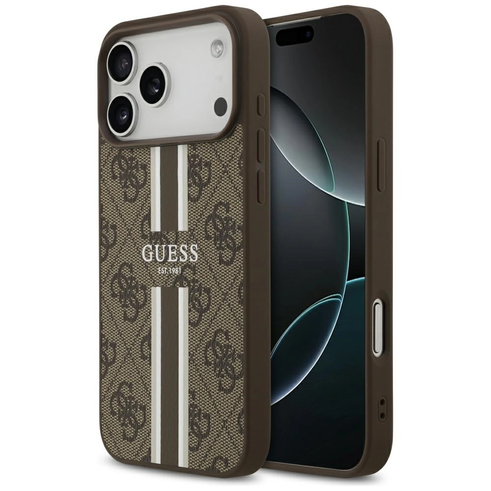 Etui Guess 4G Printed Stripes MagSafe do iPhone 17 Pro Max Brązowy
