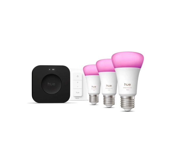 Inteligentne oświetlenie - Philips Hue White and Colour Ambiance 3 inteligentne żarówki E27 + Dimmer switch + Bridge Pro