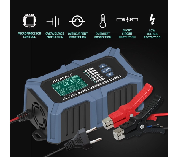 Qoltec 52488 Inteligentna mikroprocesorowa z testerem baterii i funkcją naprawy 12V / 6A Prostownik do akumulatora AGM