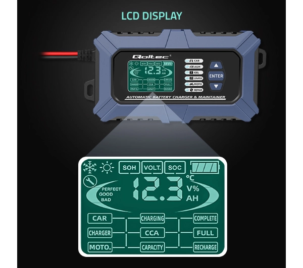 Qoltec 52488 Inteligentna mikroprocesorowa z testerem baterii i funkcją naprawy 12V / 6A Prostownik do akumulatora AGM