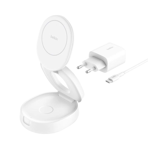 Ładowarka indukcyjna Belkin 2w1 składana Qi2 15W zasilacz 30W Biały