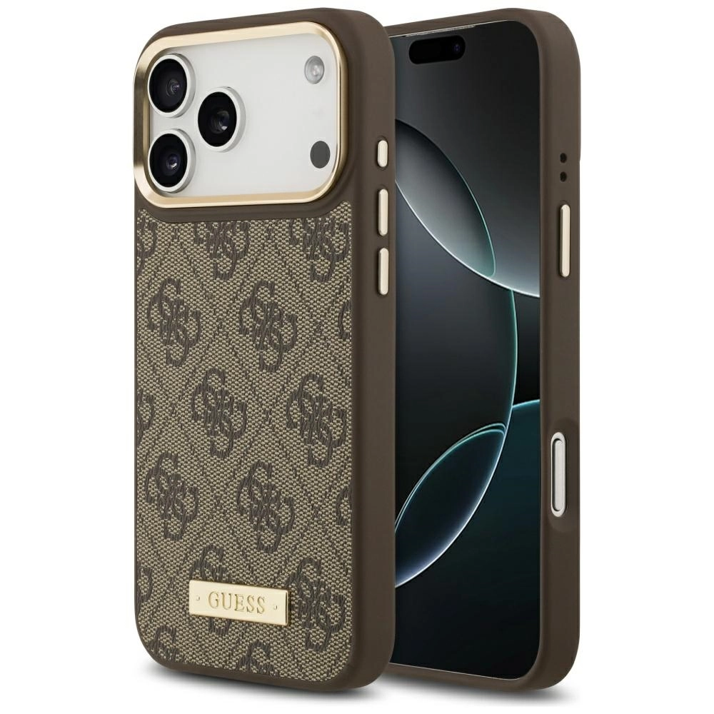 Etui Guess 4G Logo Plate MagSafe do iPhone 17 Pro Max brązowy