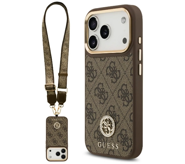 Etui Guess 4G Strass Logo Metal Buttons MagSafe do iPhone 17 Pro brązowy