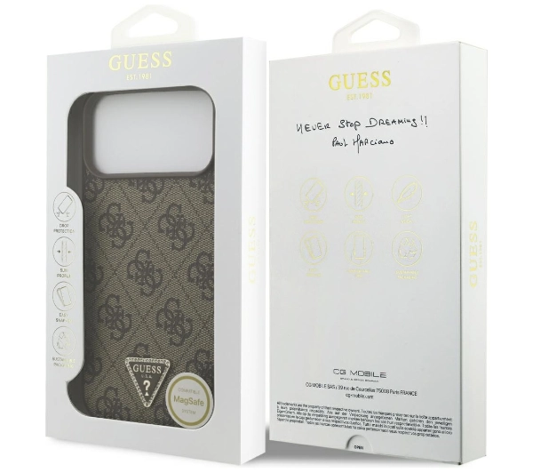 Guess Leather 4G Triangle Strass MagSafe do iPhone 17 Pro Max brązowy