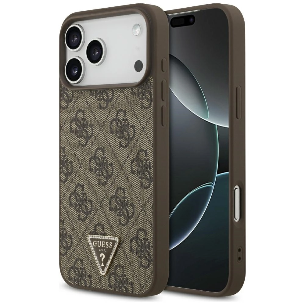 Etui Guess Leather 4G Triangle Strass MagSafe do iPhone 17 Pro Max brązowy