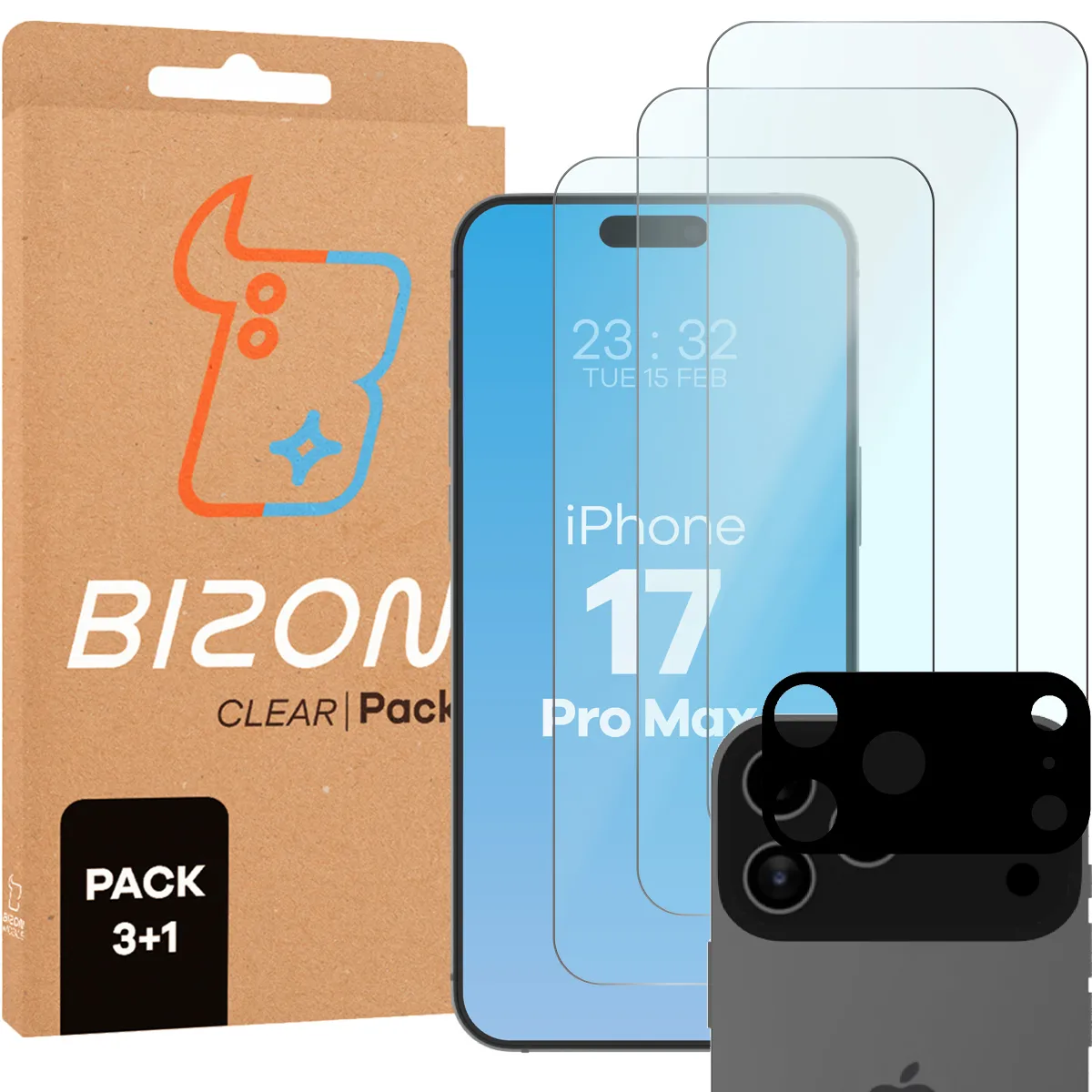 Zestaw ochronny Bizon 3x Szkło hartowane + szybka na aparat iPhone 17 Pro Max