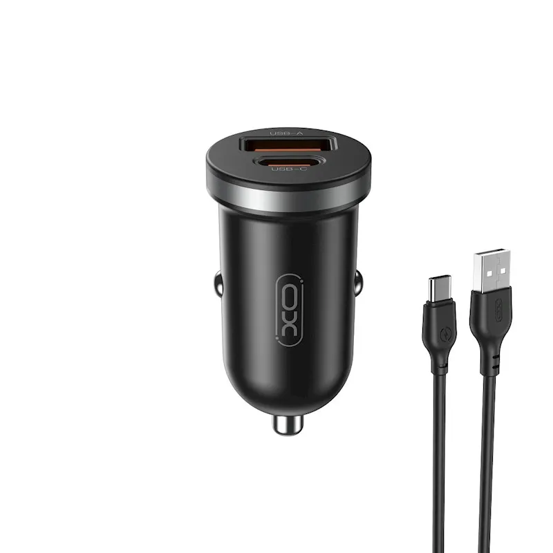 Ładowarka samochodowa XO CC56 USB-A USB-C 30W Czarny + Kabel USB-A do USB-C