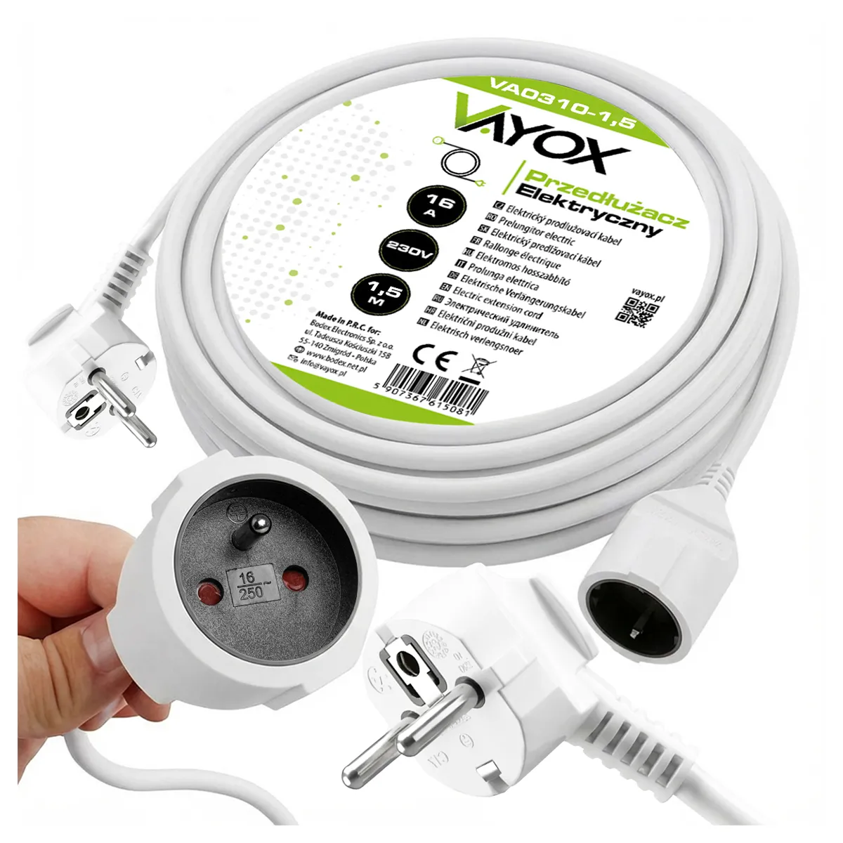 Przedłużacz Vayox VA0310-1,5 1 gniazdo 1,5m Biały