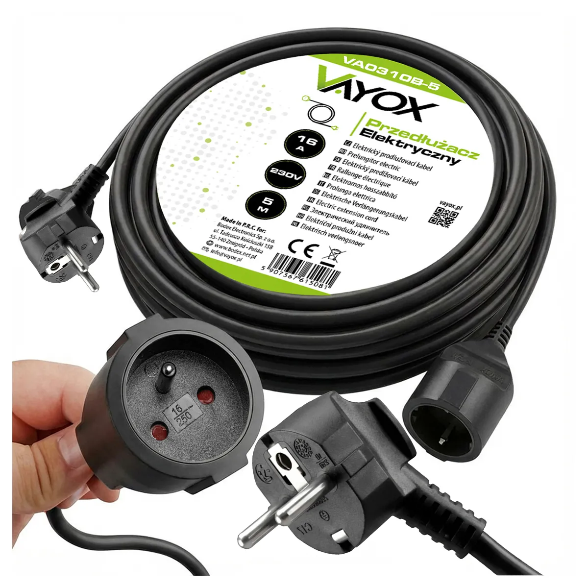 Przedłużacz Vayox VA0310B-5 1 gniazdo 5m Czarny