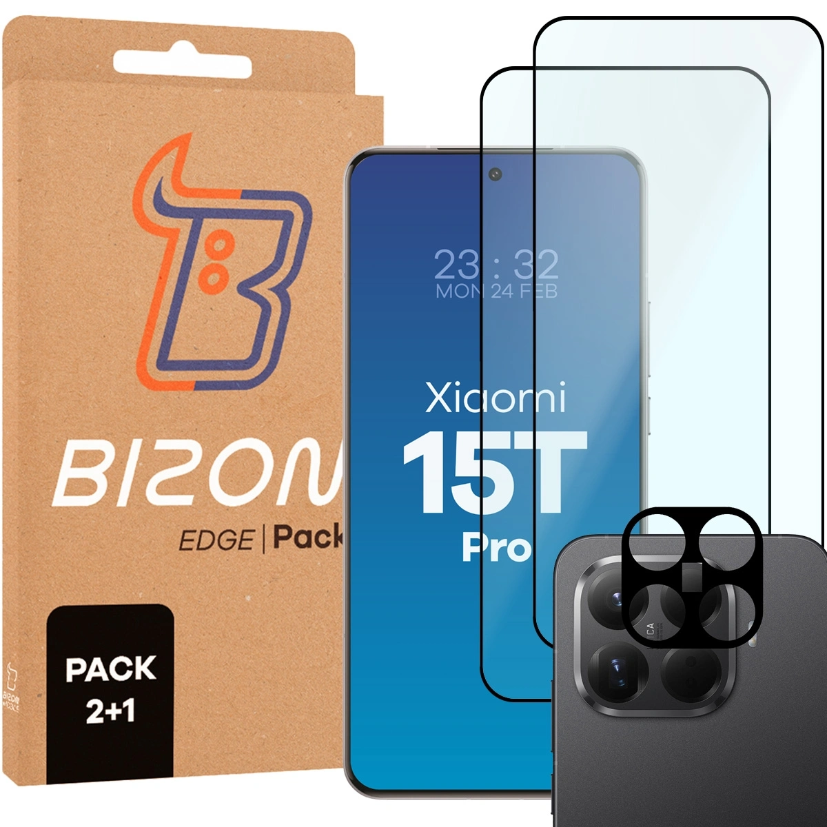 Folia hydrożelowa Bizon Szkło + szybka na aparat Glass Edge Pack do Xiaomi 15T Pro 2 sztuki