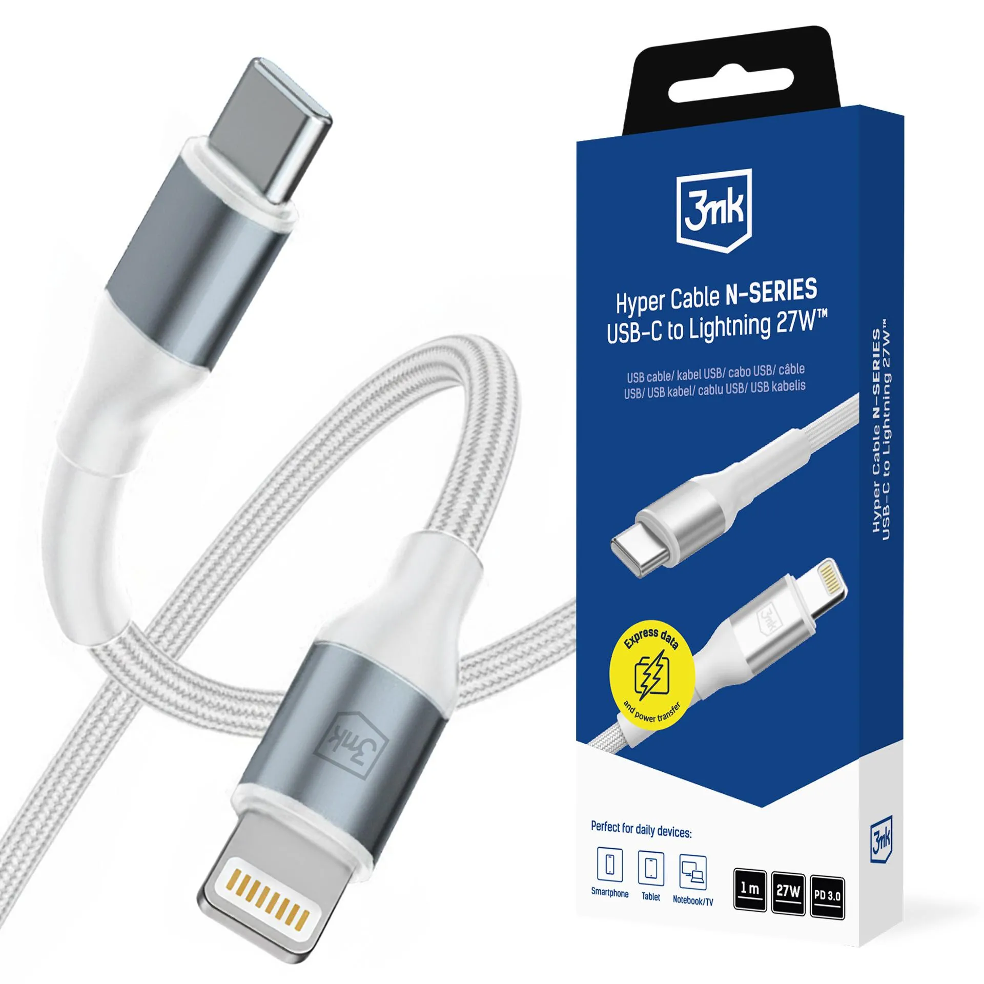 Kabel 3mk Hyper Cable N-SERIES PD3.0 9V/3A USB-C do Lightning 1m 27W Biały