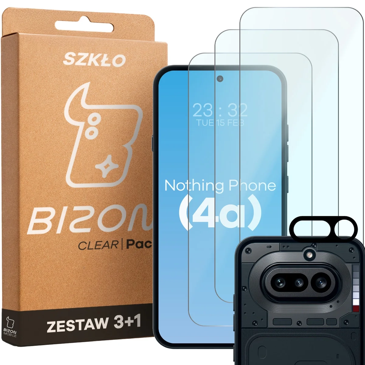 Zestaw ochronny Bizon 3x Szkło + szybka na aparat Glass Clear Pack do Nothing Phone 4a