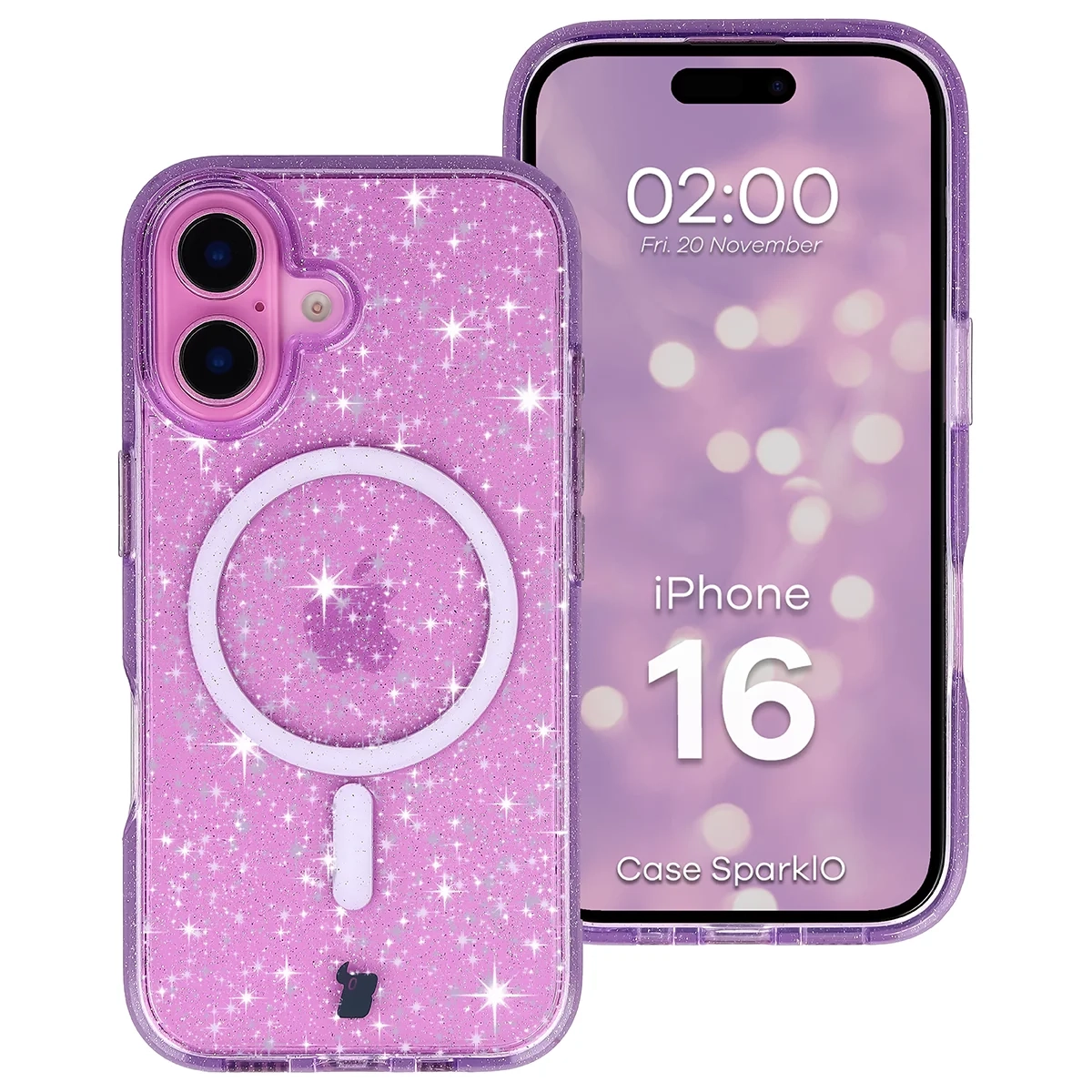 Etui Bizon Case SparklO do iPhone 16 Przezroczysto-Fioletowe Z Brokatem