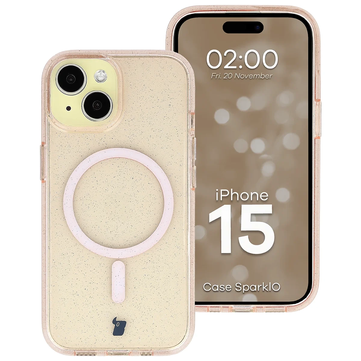 Etui Bizon Case SparklO do iPhone 15 Przezroczysto-Jasnopomarańczowe Z Brokatem