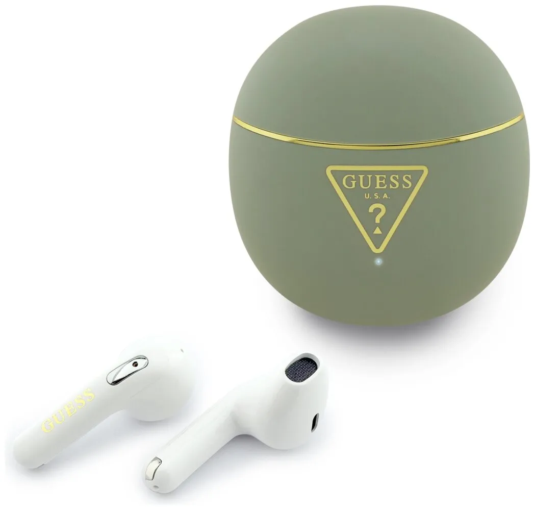 Słuchawki bezprzewodowe Guess GUTWSA15HETN Gold Line Triangle Douszne Bluetooth 6.0 Khaki