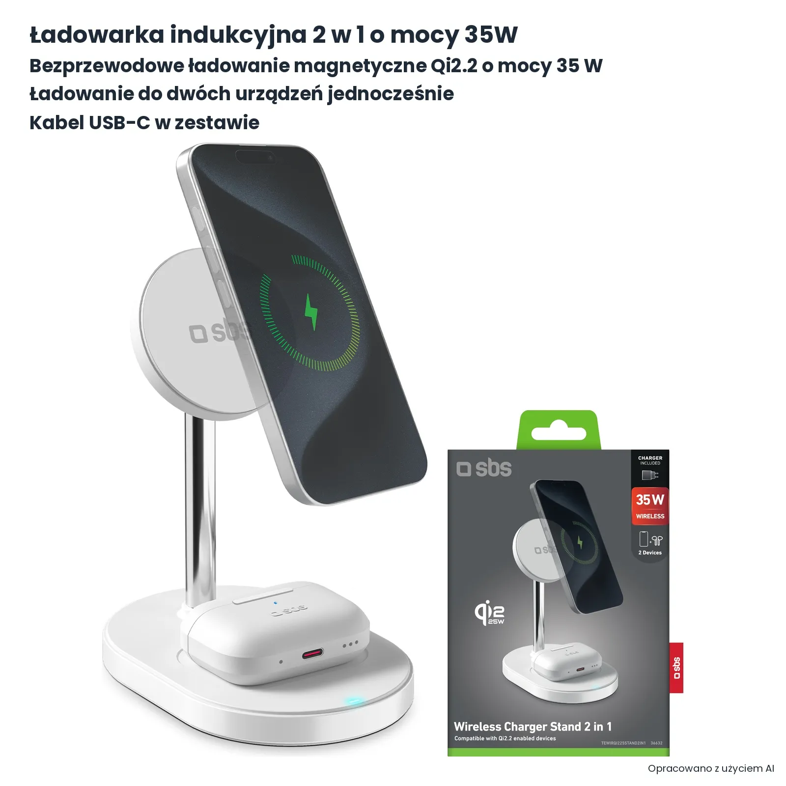 Ładowarka indukcyjna SBS 2w1 o mocy 35W QI2.2 Magsafe + PD45W
