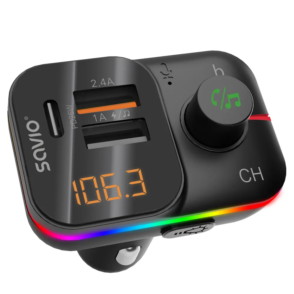 Transmiter FM Savio TR-18 z Bluetooth 6.0 i funkcją szybkiego ładowania Czarny