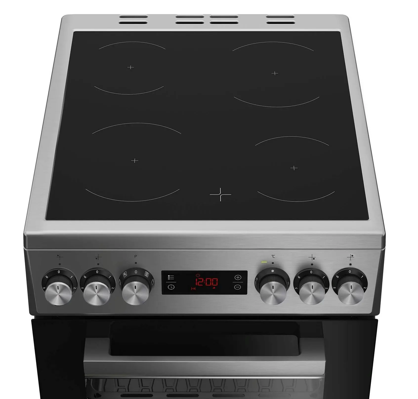 Kuchnia elektryczna Beko FSM57300GX - otwarty piekarnik i płyta ceramiczna