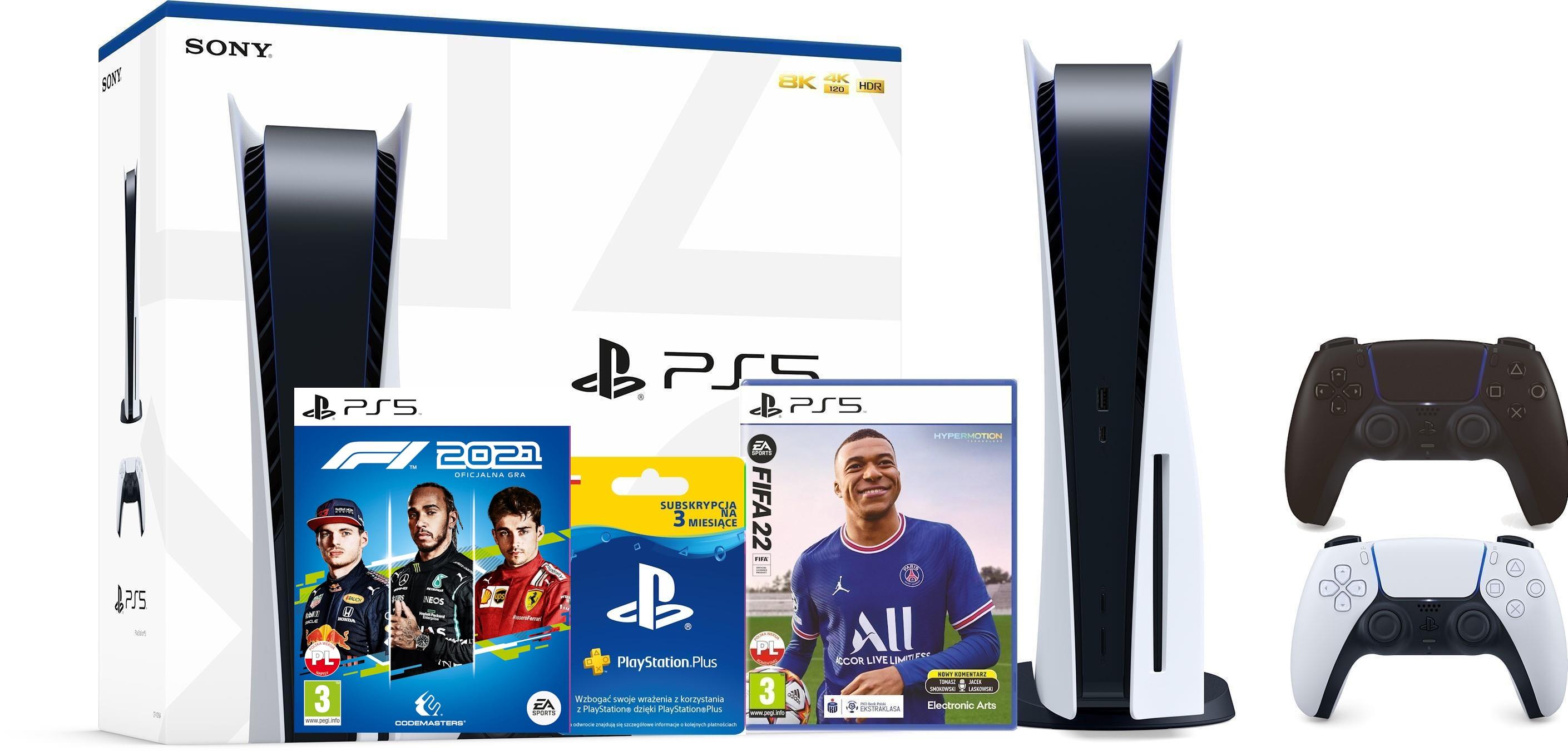 Konsola Sony PlayStation 5 (PS5) z napędem - FIFA 22 - F1 2021 - subskrypcja PS Plus 3 m-ce - dodatkowy pad (czarny)