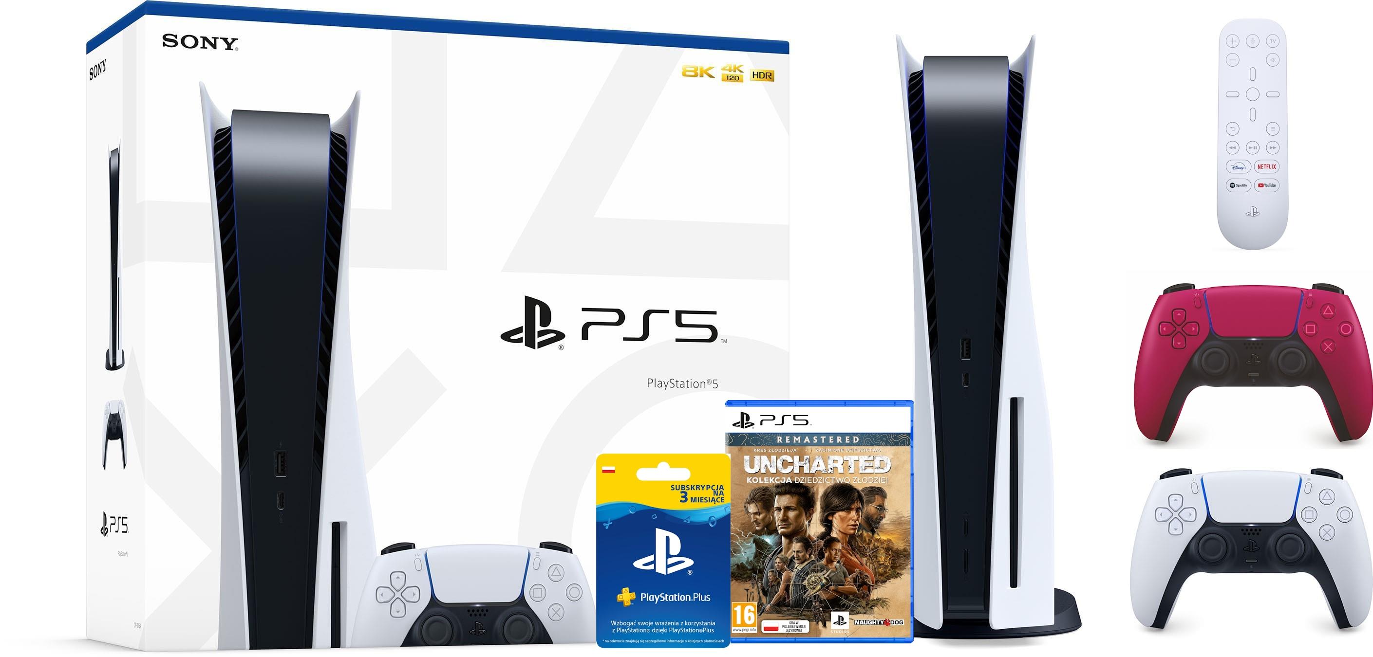Konsola Sony PlayStation 5 (PS5) z napędem - Uncharted: Kolekcja Dziedzictwo Złodziei - PS Plus 3 m-ce - pilot - dodatkowy pad (czerwony)