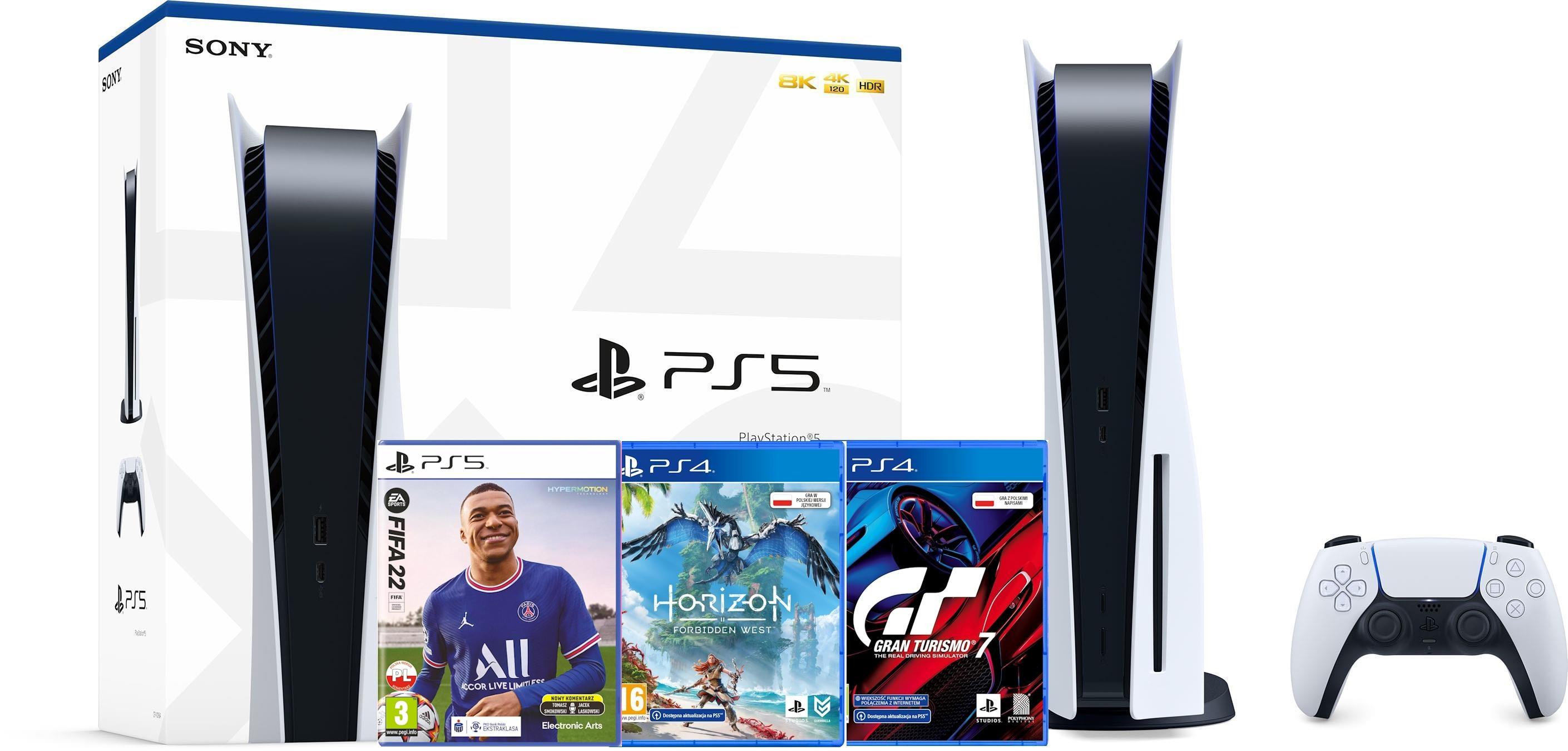 Konsola Sony PlayStation 5 (PS5) z napędem - Gran Turismo 7 - Horizon Forbidden West - FIFA 22