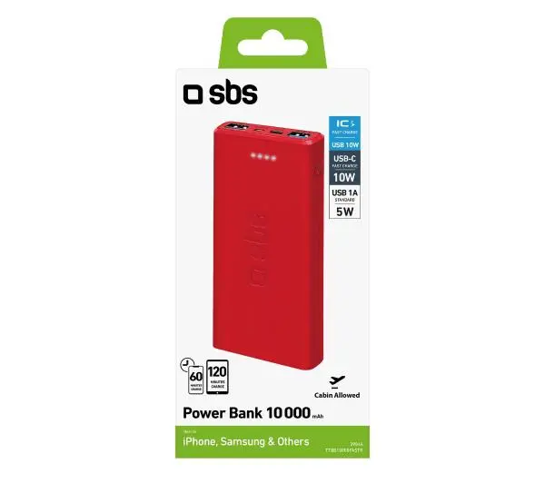 SBS TTBB10000FASTR 10000mAh USB-C + micro USB 10W Czerwony