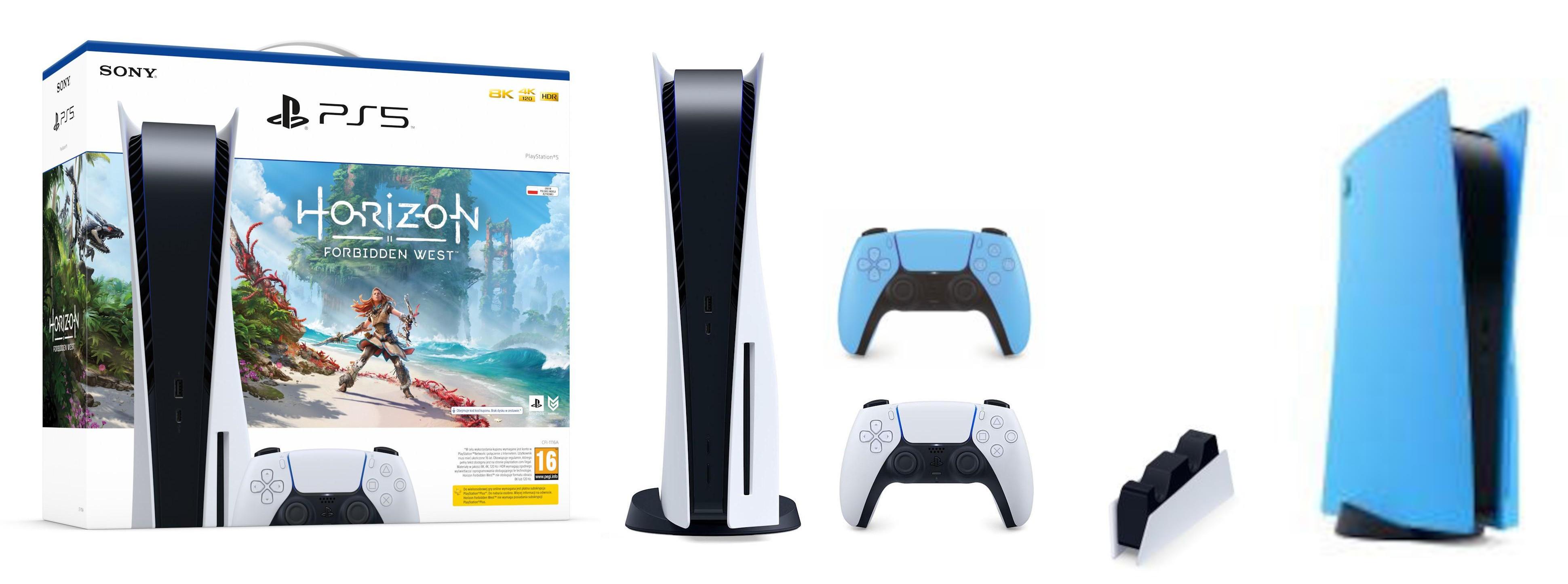 Konsola Sony PlayStation 5 (PS5) z napędem - Horizon Forbidden West - stacja ładowania - Cover Plate (starlight blue) - pad (niebieski)
