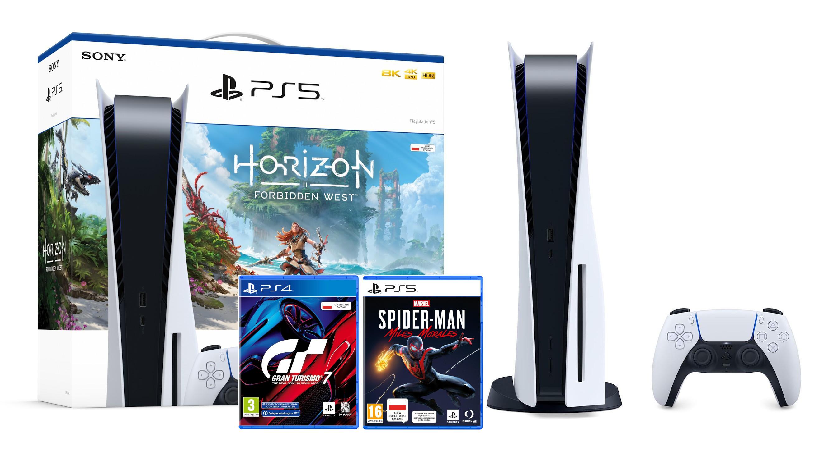 Konsola Sony PlayStation 5 (PS5) z napędem - Horizon Forbidden West - Marvel’s Spider-Man: Miles Morales - Gran Turismo 7