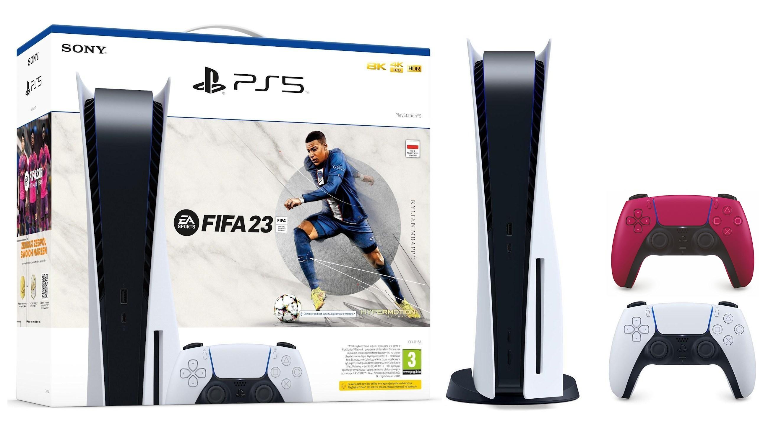 Konsola Sony PlayStation 5 (PS5) z napędem - FIFA 23 - dodatkowy pad (czerwony)