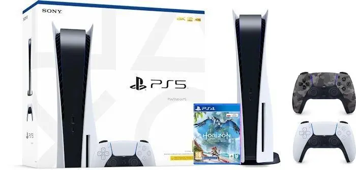 Konsola Sony PlayStation 5 (PS5) z napędem + Horizon Forbidden West + Dodatkowy Pad Szary kamuflaż