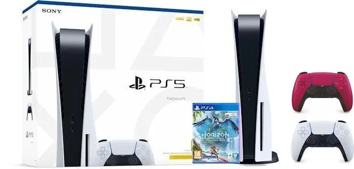 Konsola Sony PlayStation 5 (PS5) z napędem + Horizon Forbidden West + Dodatkowy Pad Czerwony