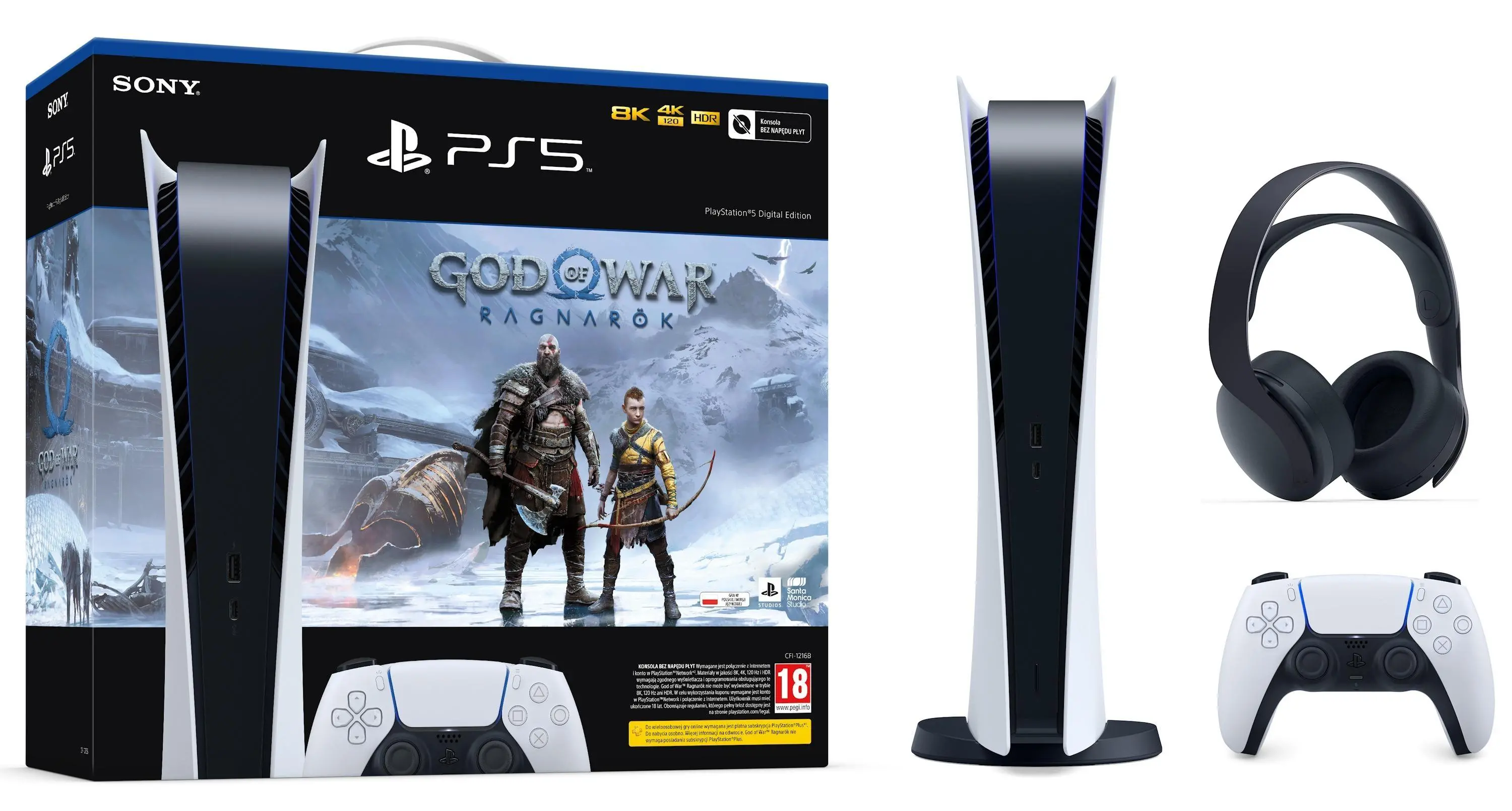 Konsola Sony PlayStation 5 Digital (PS5) + God of War Ragnarok + Słuchawki PULSE 3D Czarny