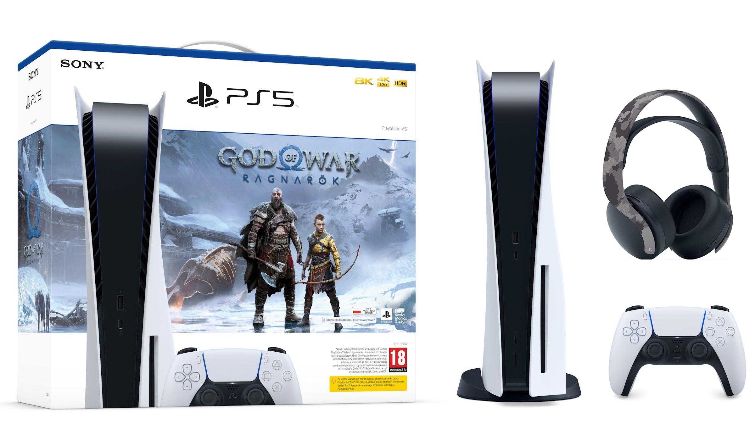 Konsola Sony PlayStation 5 (PS5) z napędem + słuchawki PULSE 3D (szary kamuflaż) + God of War Ragnarok