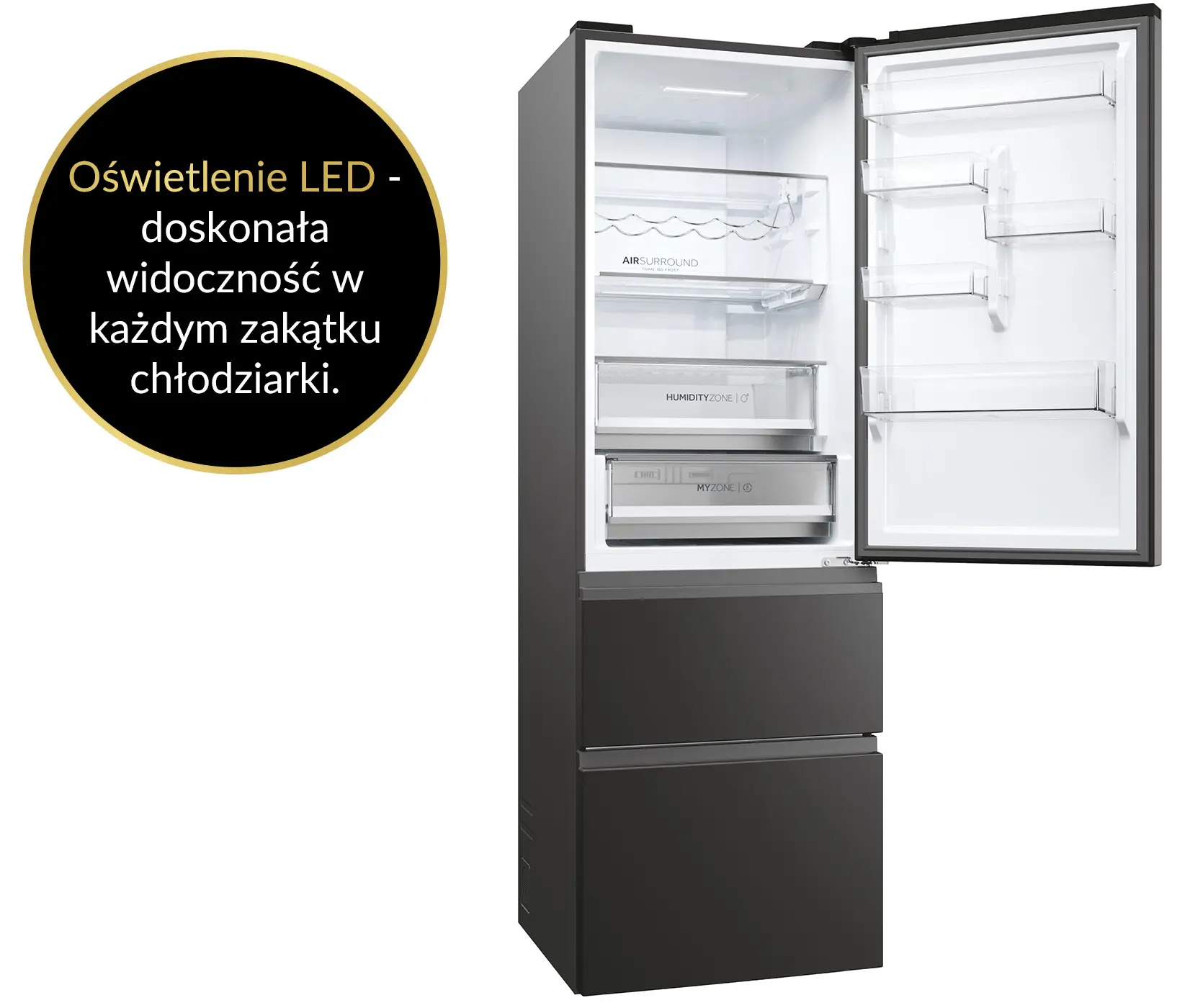 Lodówka Haier Seria 5 HTW5618DNPT Pełny No Frost 185cm Szuflada z kontrolą wilgotności Zdalne sterowanie Czarny