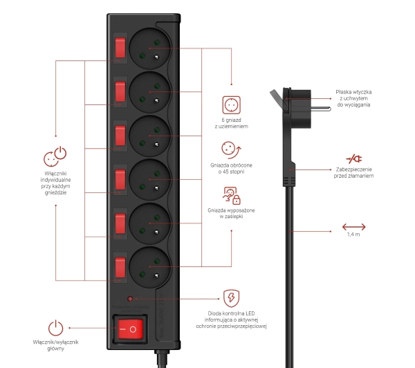 Hama P2223773 6 gniazd 1,4m Czarny