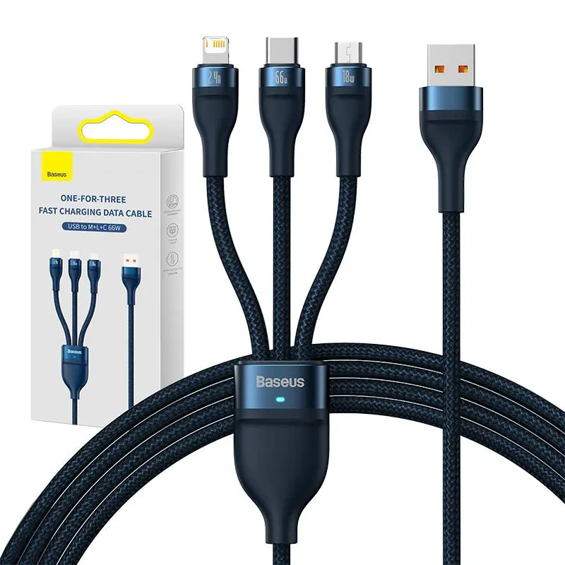 Kabel Baseus USB 3w1 Flash Series USB-C + micro USB + Lightning 66W 1,2m Niebieski