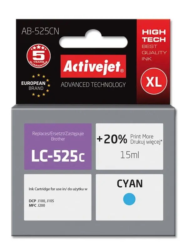 Tusz ActiveJet AB-525CN (zamiennik LC525C) Błękitny 15 ml