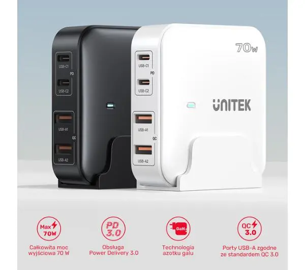 Unitek GaN 70W 2x USB-A+2x USB-C Czarny
