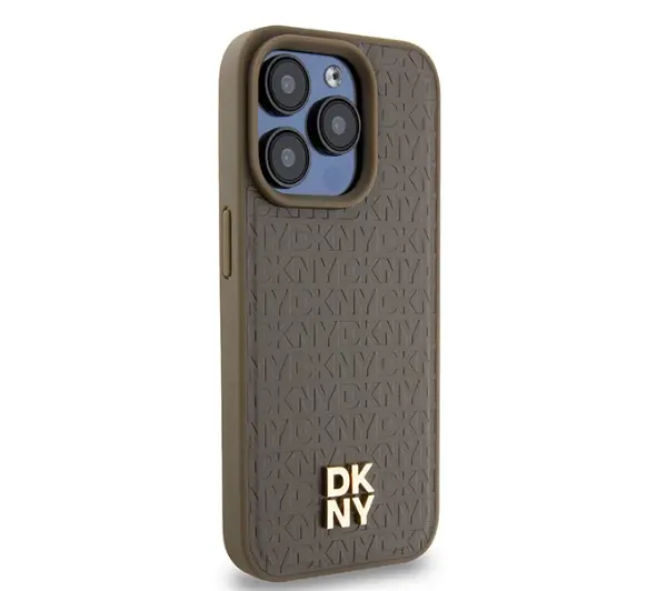 DKNY Leather Monogram Pattern Metal Logo MagSafe do iPhone 15 Pro Brązowy